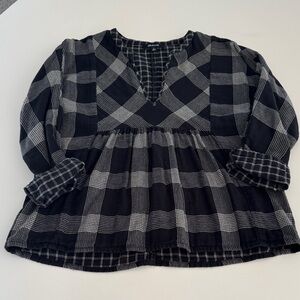 Madewell Pop Over Blouse  Black and White Plaid double layer Flannel size Small